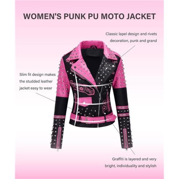 Women Faux Leather Jacket Studded Rivet Winter Streetwear Belted, Black-Pink - Picture 3 of 6